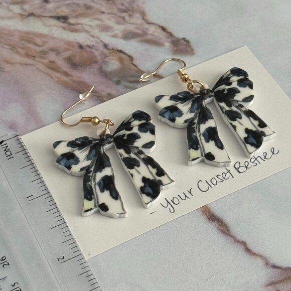 Other Jewelry - Black & white cow print bow Coquette Style Trendy Earrings
